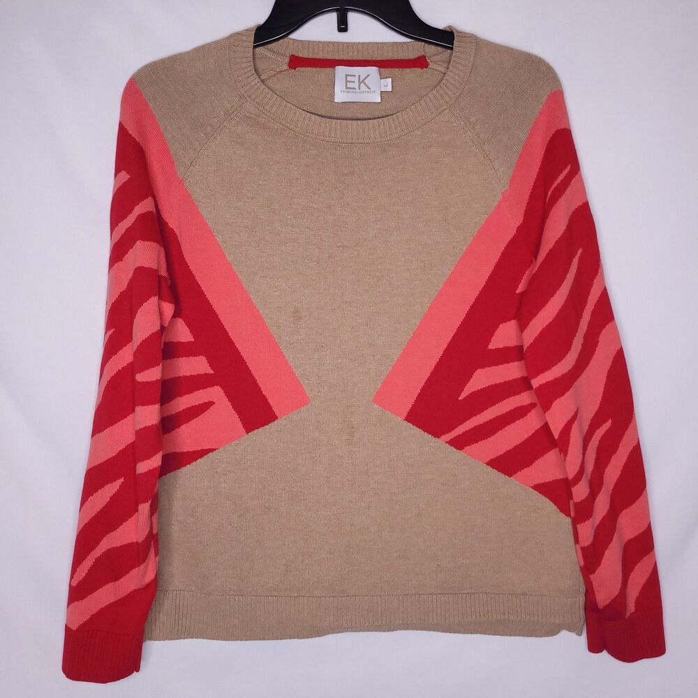Edinburgh Knitwear Sweater Womens Large Beige, Red Striped Pima Cotton